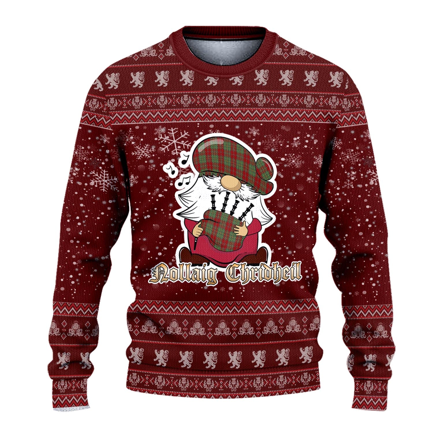 Leask Clan Christmas Family Knitted Sweater with Funny Gnome Playing Bagpipes - Tartanvibesclothing