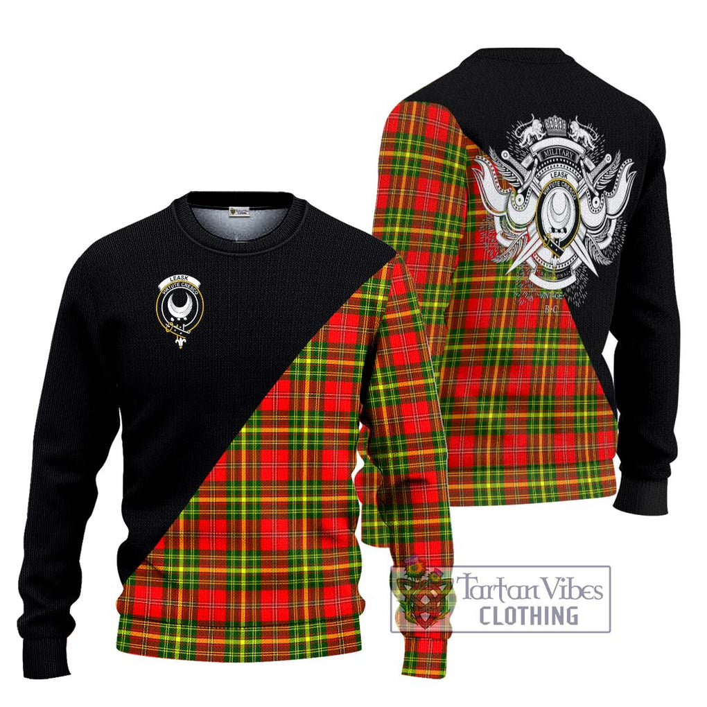 Leask Modern Tartan Knitted Sweater with Family Crest and Military Logo Style Unisex - Tartanvibesclothing Shop