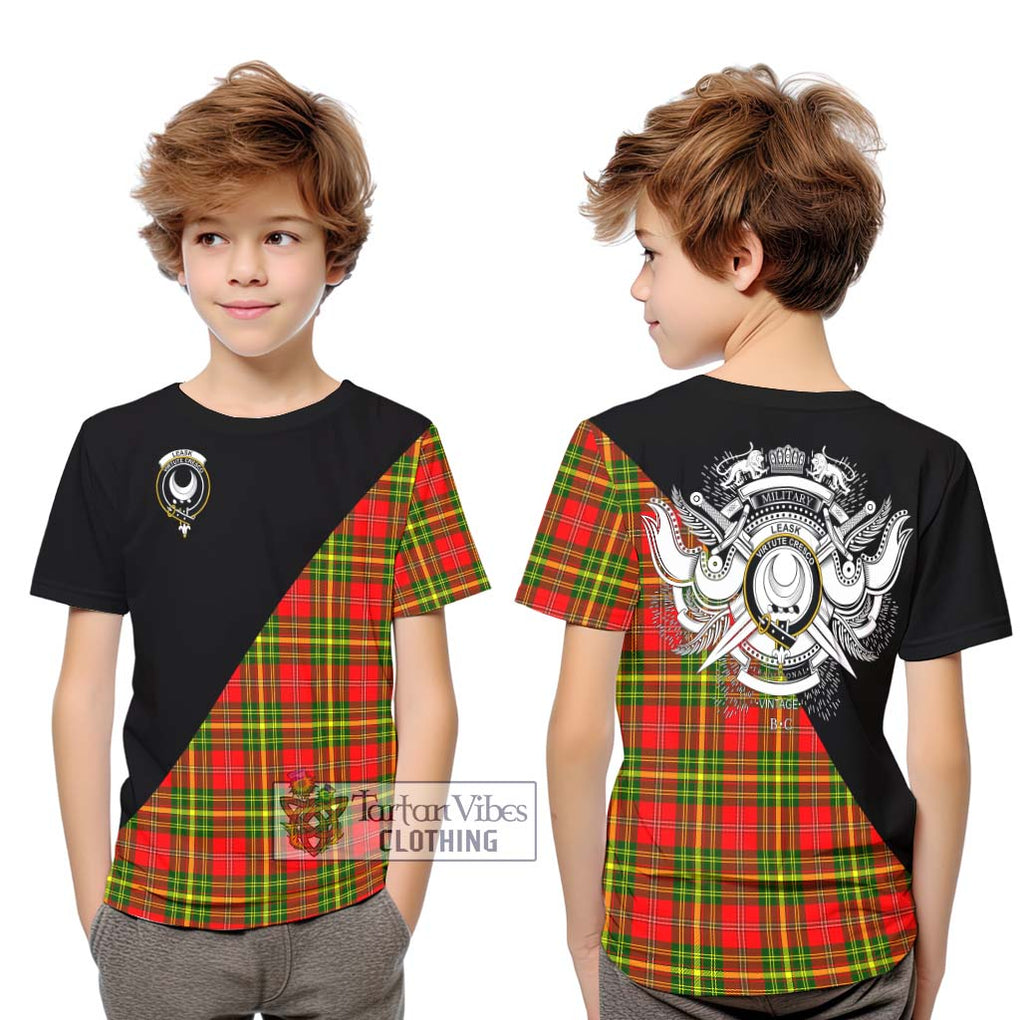 Leask Modern Tartan Kid T-Shirt with Family Crest and Military Logo Style Youth XL Size14 - Tartanvibesclothing Shop