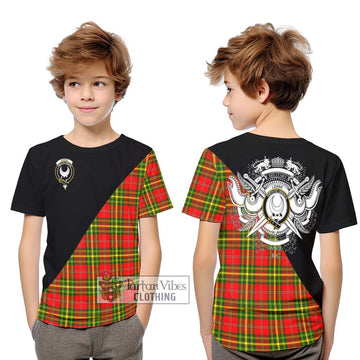 Leask Modern Tartan Kid T-Shirt with Family Crest and Military Logo Style