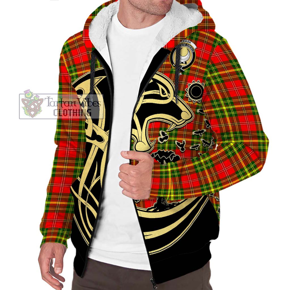 Leask Modern Tartan Sherpa Hoodie with Family Crest Celtic Wolf Style Unisex S - Tartan Vibes Clothing