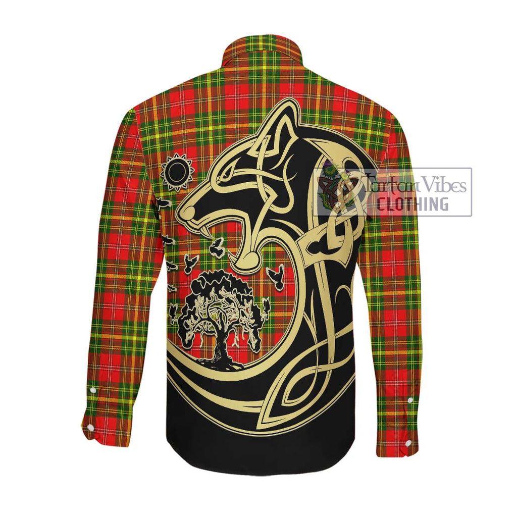 Leask Modern Tartan Long Sleeve Button Shirt with Family Crest Celtic Wolf Style Men's Shirt - Tartan Vibes Clothing