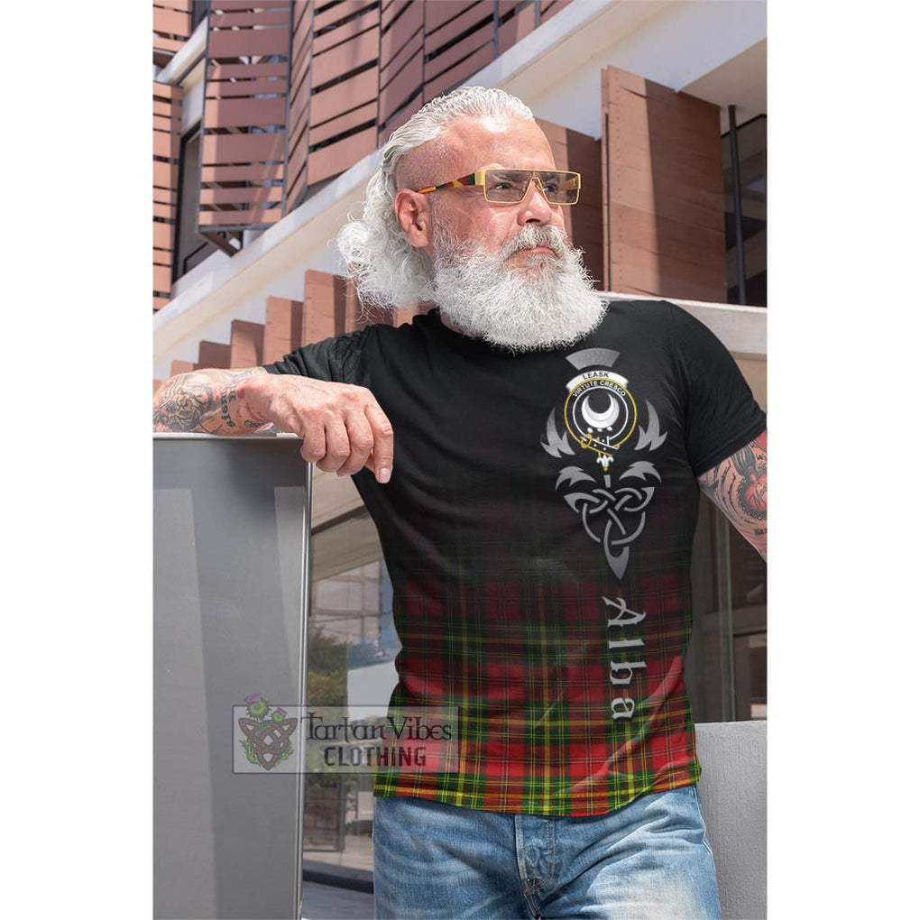 Tartan Vibes Clothing Leask Modern Tartan Cotton T-shirt Featuring Alba Gu Brath Family Crest Celtic Inspired