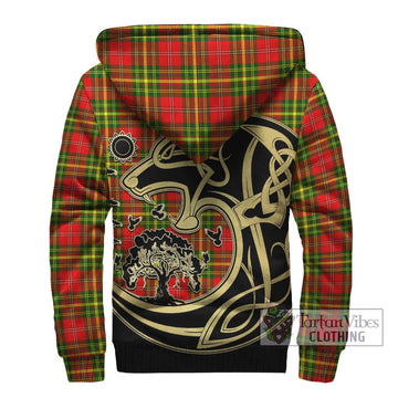 Leask Modern Tartan Sherpa Hoodie with Family Crest Celtic Wolf Style