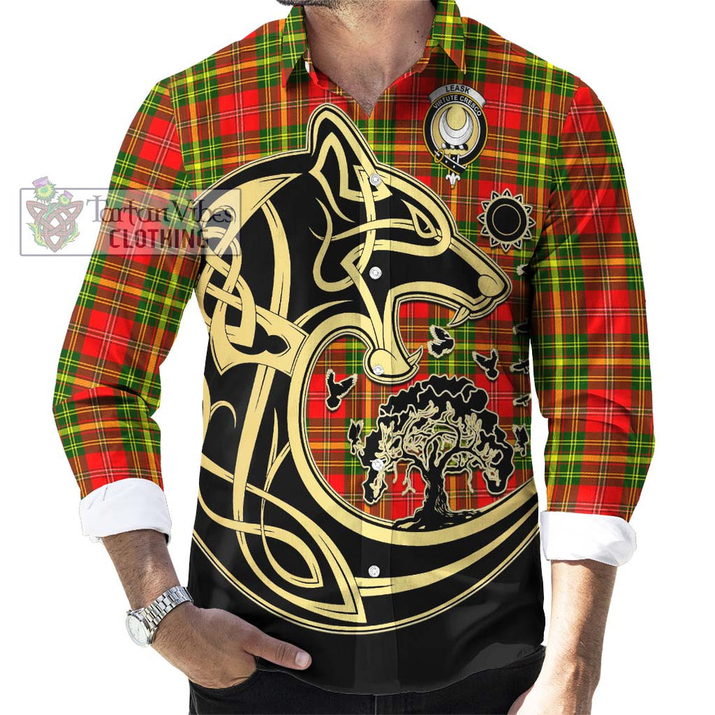 Leask Modern Tartan Long Sleeve Button Shirt with Family Crest Celtic Wolf Style - Tartan Vibes Clothing