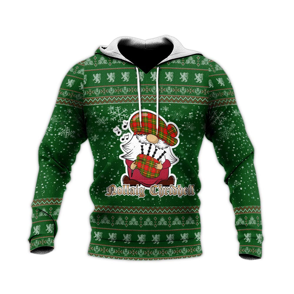 Leask Modern Clan Christmas Knitted Hoodie with Funny Gnome Playing Bagpipes - Tartanvibesclothing