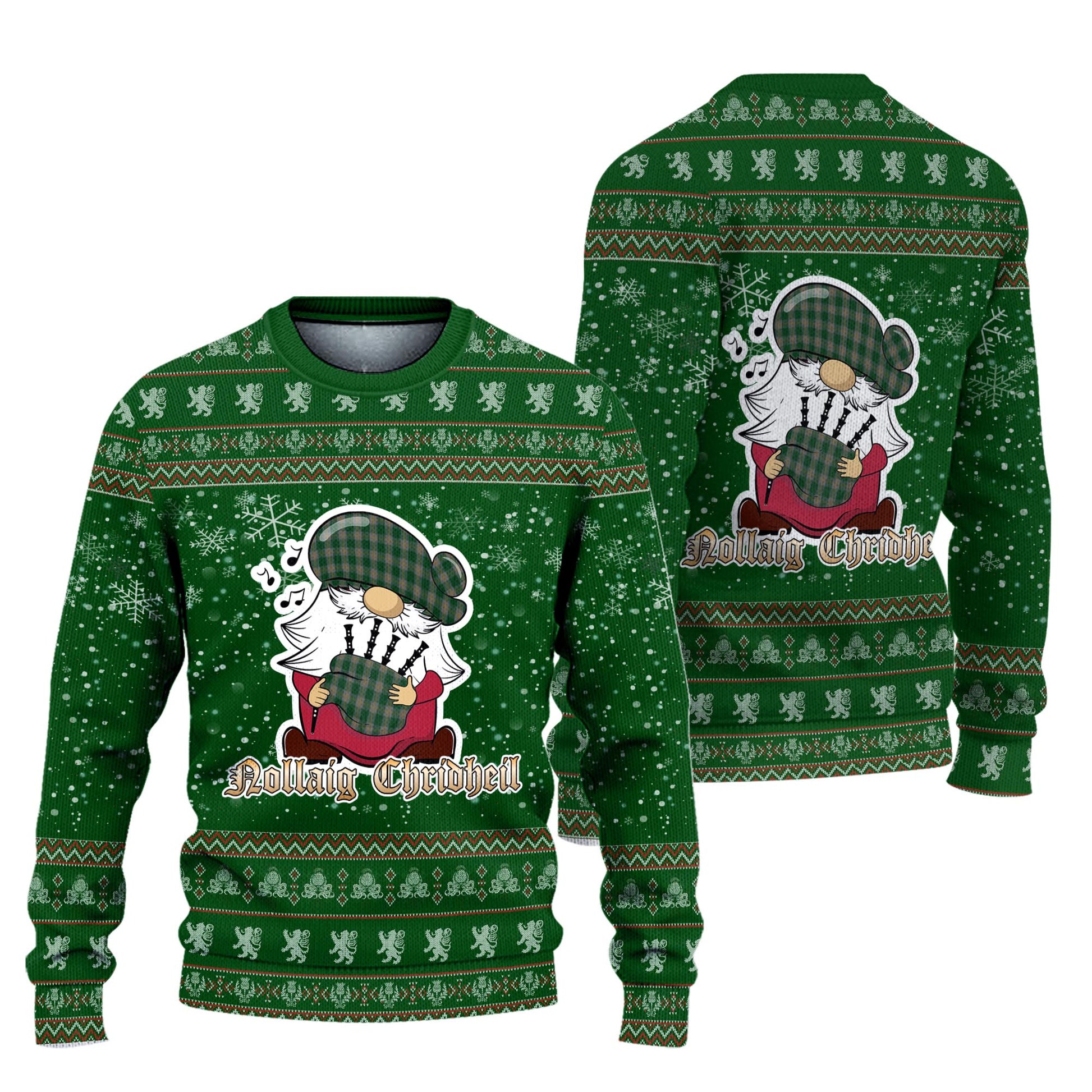 Ledford Clan Christmas Family Knitted Sweater with Funny Gnome Playing Bagpipes Unisex Green - Tartanvibesclothing
