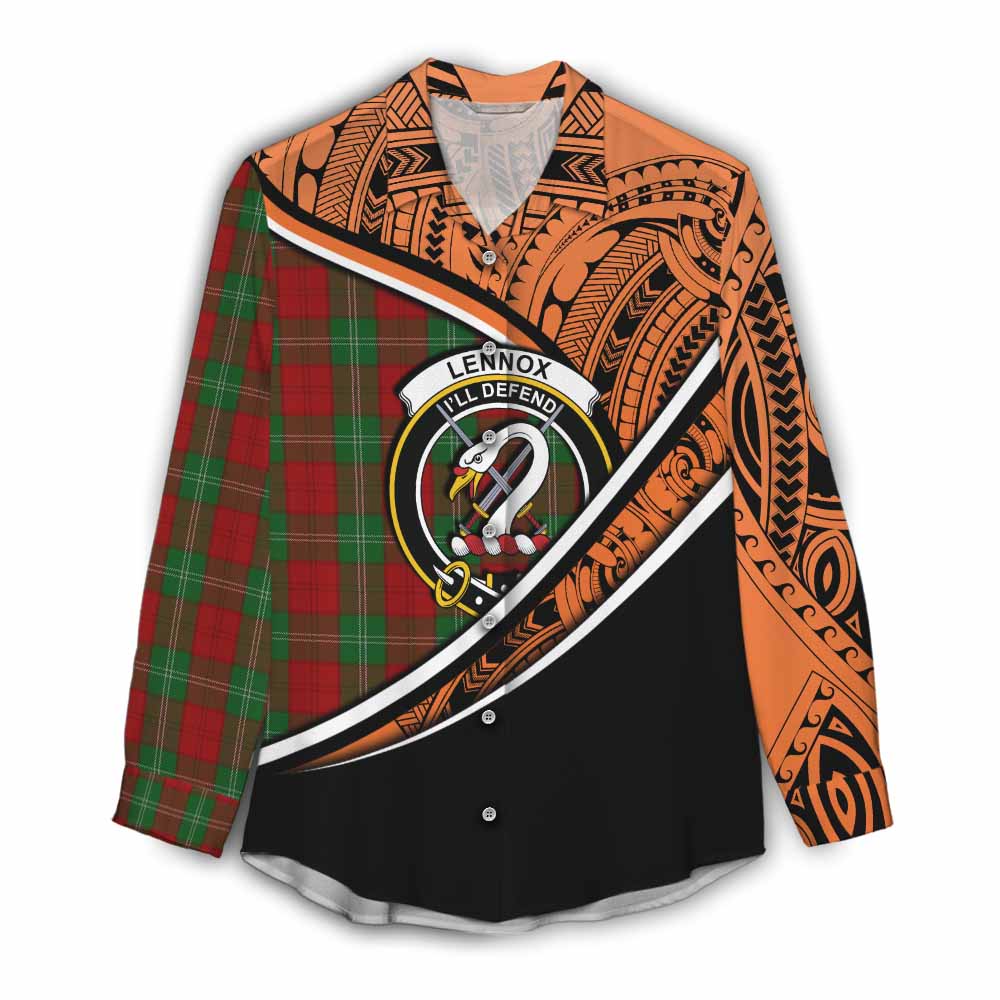 Tartan Vibes Clothing Lennox Crest Tartan Women's Casual Shirt with Maori Tattoo Style - Orange Version