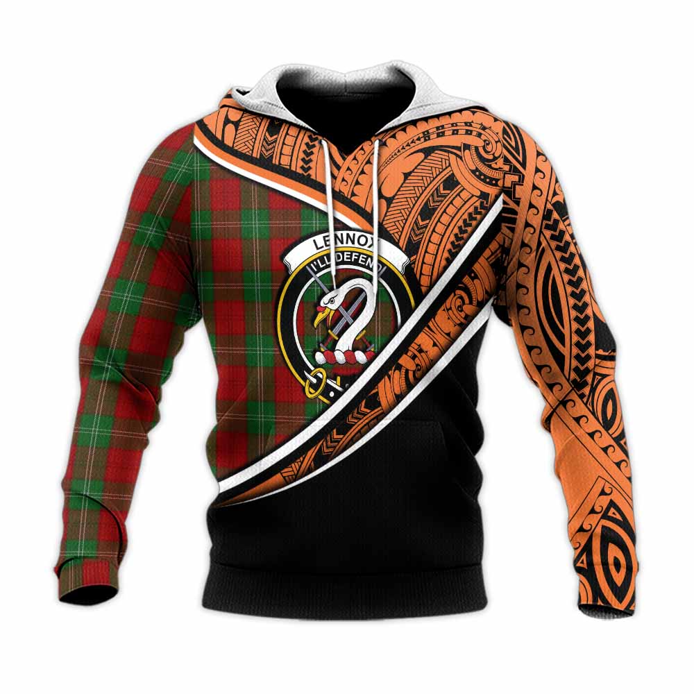 Tartan Vibes Clothing Lennox Crest Tartan Knitted Hoodie with Maori Tattoo Style - Orange Version