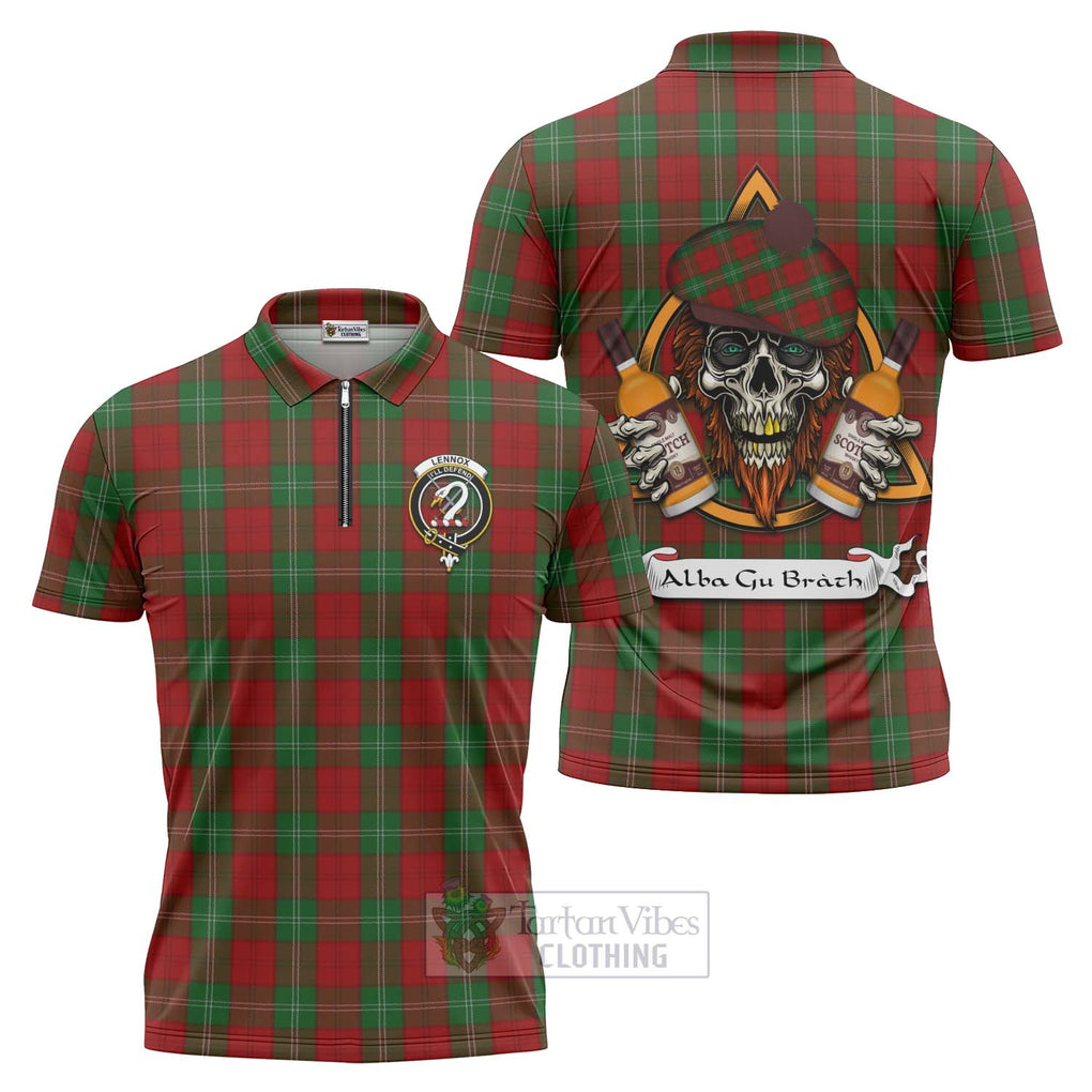 Tartan Vibes Clothing Lennox Tartan Zipper Polo Shirt with Family Crest and Bearded Skull Holding Bottles of Whiskey