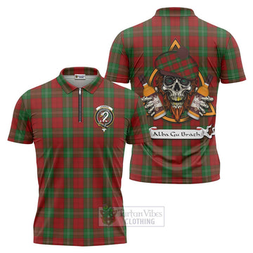 Lennox Tartan Zipper Polo Shirt with Family Crest and Bearded Skull Holding Bottles of Whiskey