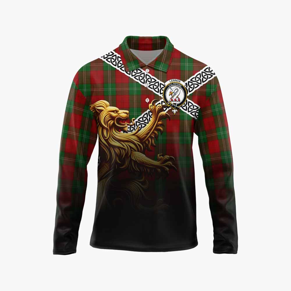 Lennox Crest Tartan Long Sleeve Polo Shirt with Golden Lion Emblem Celtic Style Unisex - Tartan Vibes Clothing
