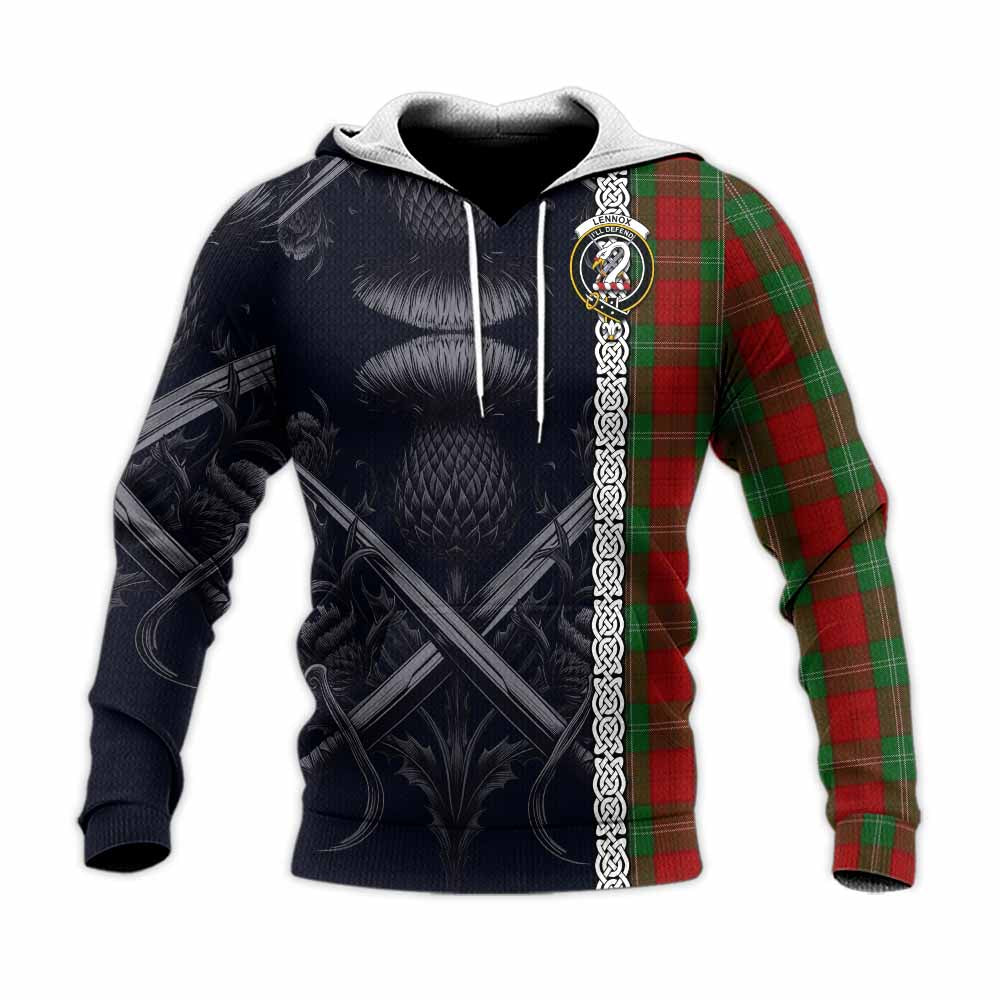 Tartan Vibes Clothing Lennox Tartan Knitted Hoodie with Family Crest Cross Sword Thistle Celtic Vibes