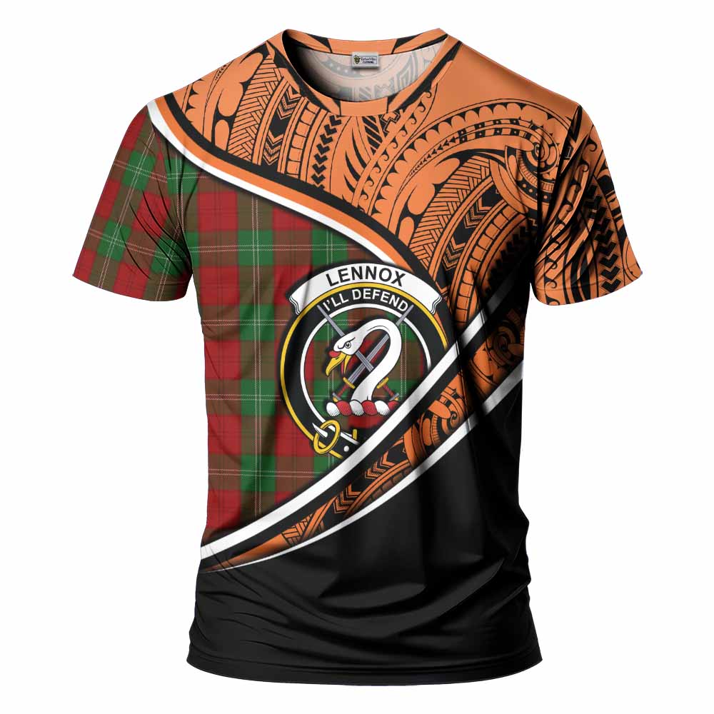 Tartan Vibes Clothing Lennox Crest Tartan T-Shirt with Maori Tattoo Style - Orange Version