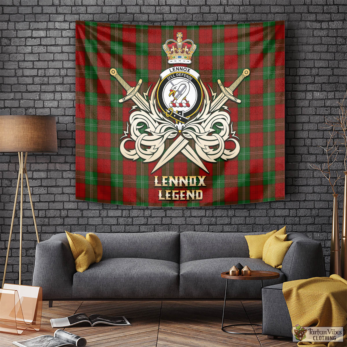 Tartan Vibes Clothing Lennox Tartan Tapestry with Clan Crest and the Golden Sword of Courageous Legacy