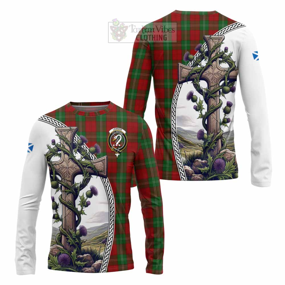 Tartan Vibes Clothing Lennox Tartan Long Sleeve T-Shirt with Family Crest and St. Andrew's Cross Accented by Thistle Vines