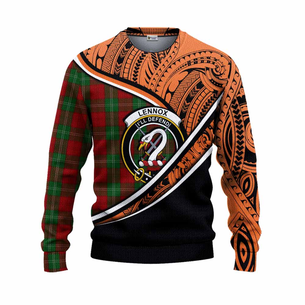 Tartan Vibes Clothing Lennox Crest Tartan Knitted Sweater with Maori Tattoo Style - Orange Version