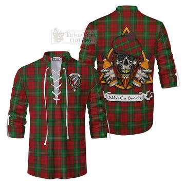 Lennox Tartan Ghillie Kilt Shirt with Family Crest and Bearded Skull Holding Bottles of Whiskey