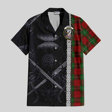 Lennox Tartan Short Sleeve Button Shirt with Family Crest Cross Sword Thistle Celtic Vibes