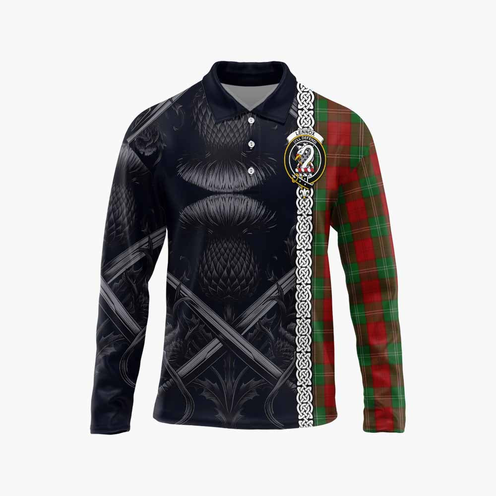 Tartan Vibes Clothing Lennox Tartan Long Sleeve Polo Shirt with Family Crest Cross Sword Thistle Celtic Vibes