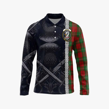 Lennox Tartan Long Sleeve Polo Shirt with Family Crest Cross Sword Thistle Celtic Vibes