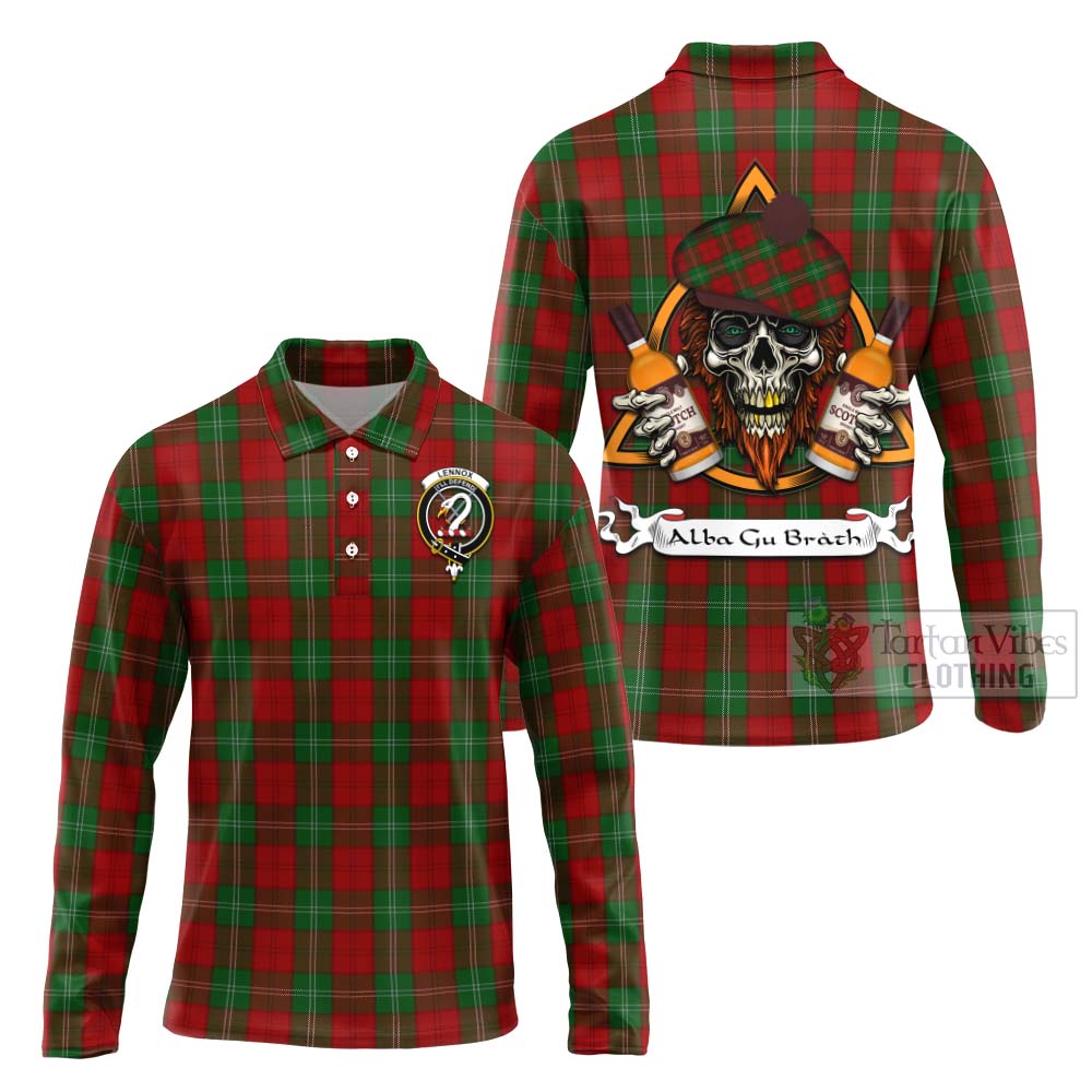 Tartan Vibes Clothing Lennox Tartan Long Sleeve Polo Shirt with Family Crest and Bearded Skull Holding Bottles of Whiskey