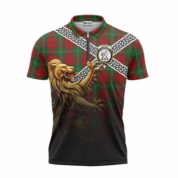 Lennox Crest Tartan Zipper Polo Shirt with Golden Lion Emblem Celtic Style Unisex - Tartan Vibes Clothing