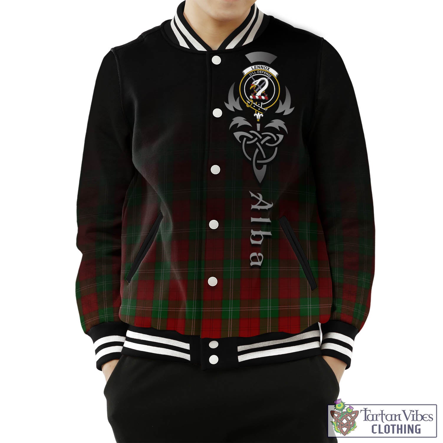 Tartan Vibes Clothing Lennox Tartan Baseball Jacket Featuring Alba Gu Brath Family Crest Celtic Inspired