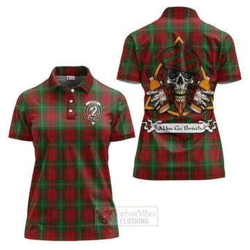 Lennox Tartan Women's Polo Shirt with Family Crest and Bearded Skull Holding Bottles of Whiskey