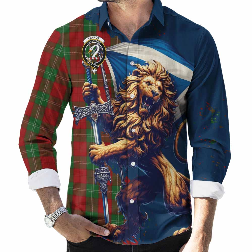 Tartan Vibes Clothing Lennox Tartan Family Crest Long Sleeve Button Shirt with Scottish Majestic Lion