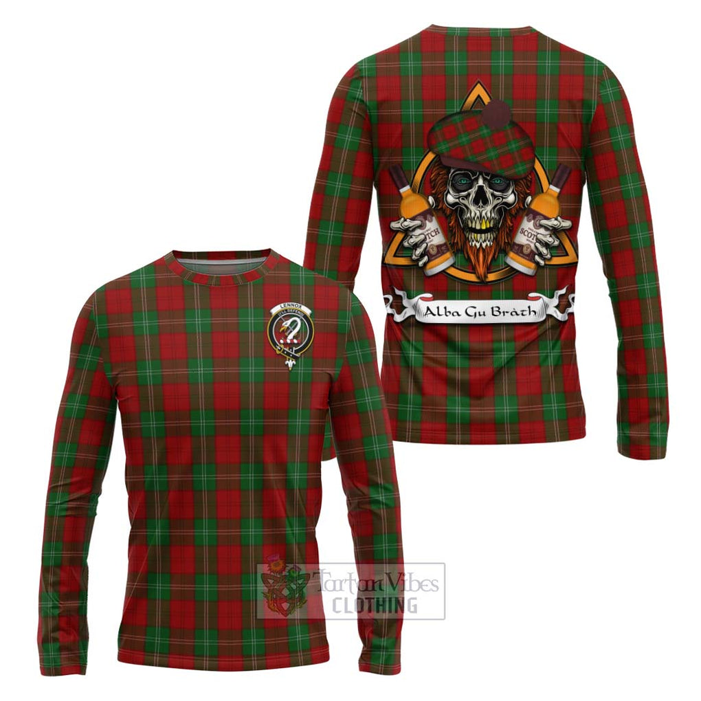 Tartan Vibes Clothing Lennox Tartan Long Sleeve T-Shirt with Family Crest and Bearded Skull Holding Bottles of Whiskey