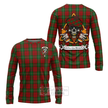 Lennox Tartan Long Sleeve T-Shirt with Family Crest and Bearded Skull Holding Bottles of Whiskey