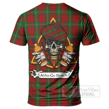 Lennox Tartan T-Shirt with Family Crest and Bearded Skull Holding Bottles of Whiskey