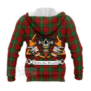 Lennox Tartan Knitted Hoodie with Family Crest and Bearded Skull Holding Bottles of Whiskey