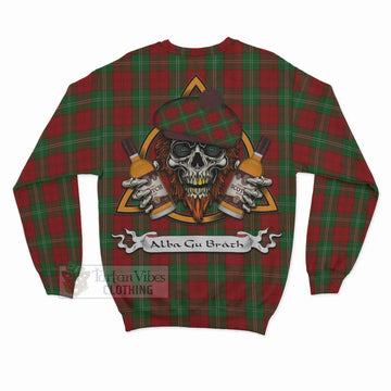 Lennox Tartan Sweatshirt with Family Crest and Bearded Skull Holding Bottles of Whiskey