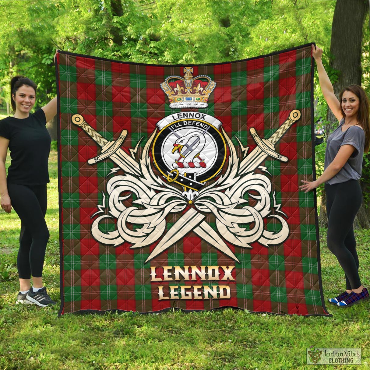 Tartan Vibes Clothing Lennox Tartan Quilt with Clan Crest and the Golden Sword of Courageous Legacy