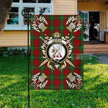 Lennox Tartan Flag with Family Crest and Golden Thistle Crossed Sword Design