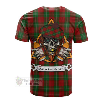 Lennox Tartan Cotton T-shirt with Family Crest and Bearded Skull Holding Bottles of Whiskey