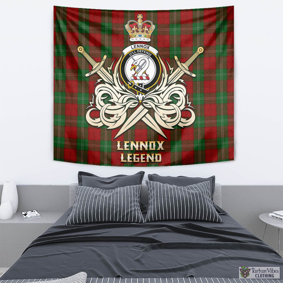 Tartan Vibes Clothing Lennox Tartan Tapestry with Clan Crest and the Golden Sword of Courageous Legacy