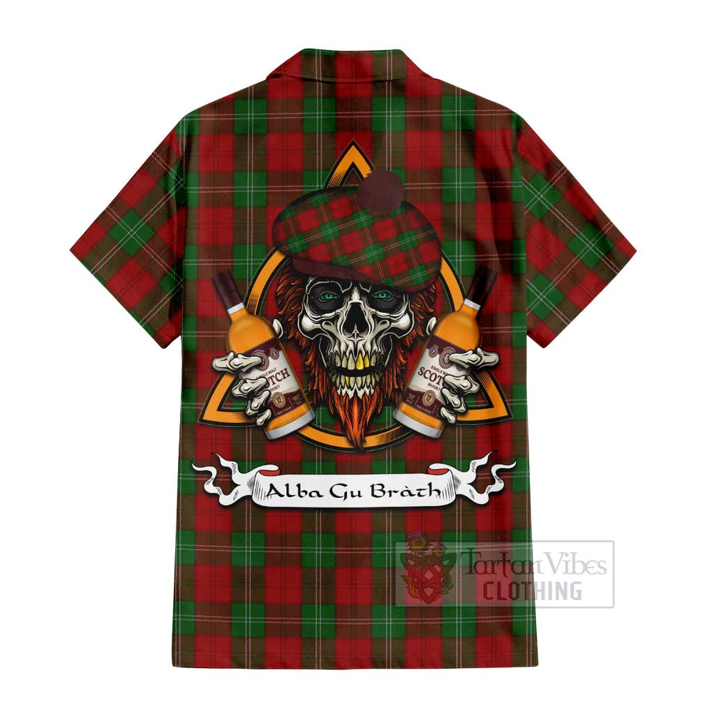 Tartan Vibes Clothing Lennox Tartan Short Sleeve Button Shirt with Family Crest and Bearded Skull Holding Bottles of Whiskey