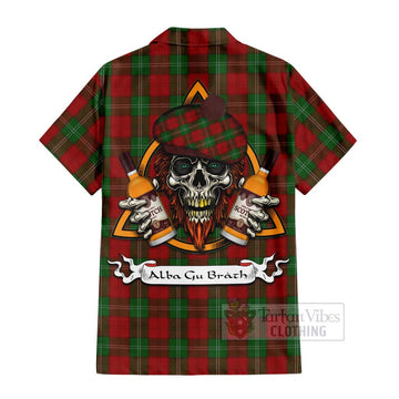 Lennox Tartan Short Sleeve Button Shirt with Family Crest and Bearded Skull Holding Bottles of Whiskey