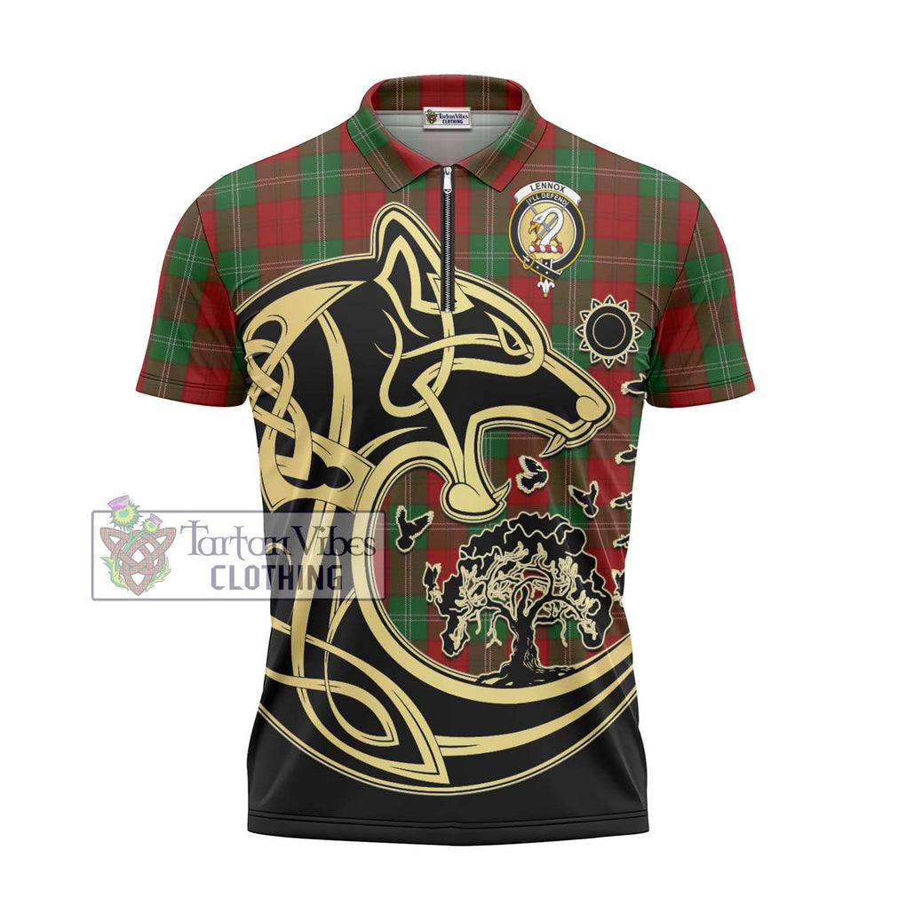 Lennox Tartan Zipper Polo Shirt with Family Crest Celtic Wolf Style - Tartanvibesclothing Shop