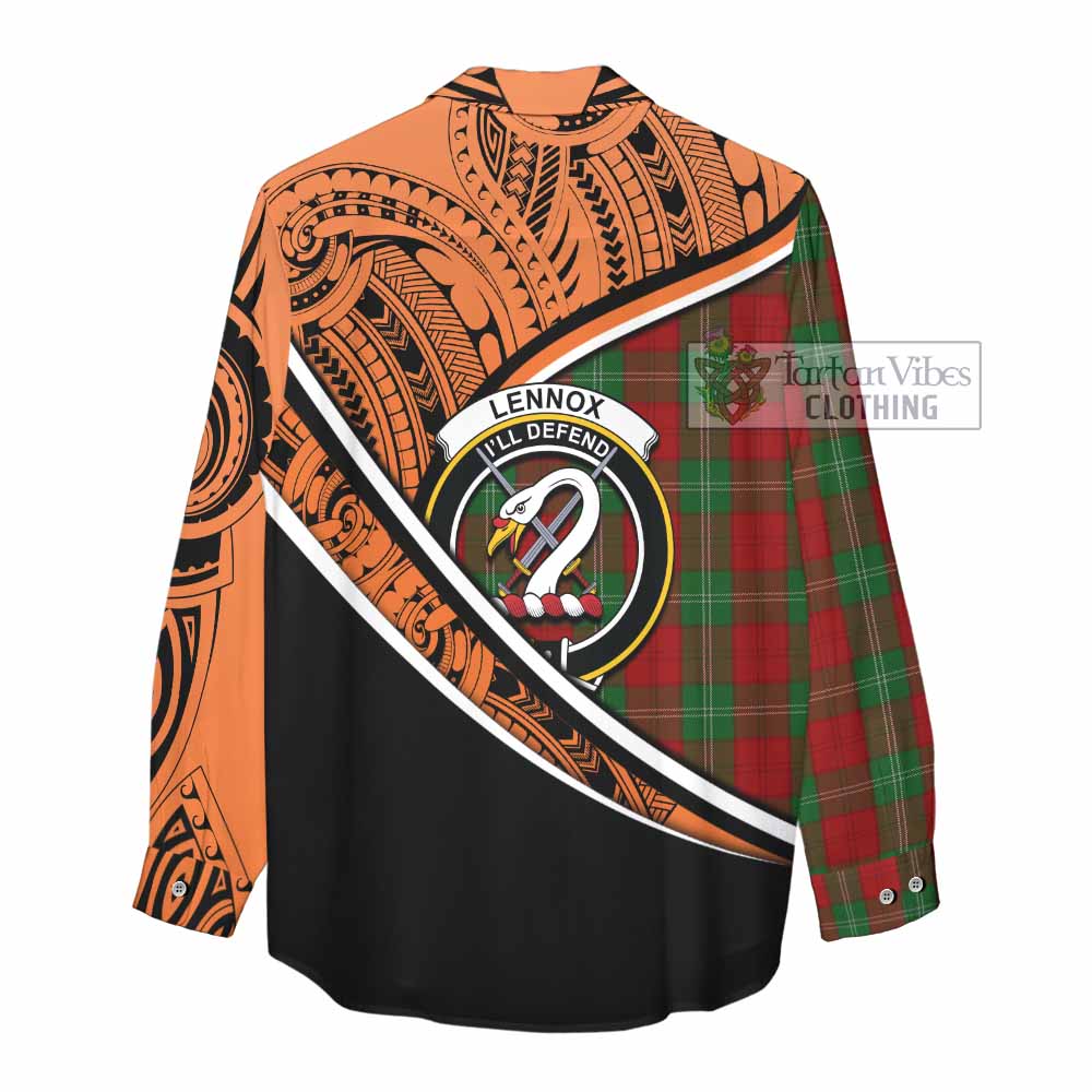 Tartan Vibes Clothing Lennox Crest Tartan Women's Casual Shirt with Maori Tattoo Style - Orange Version