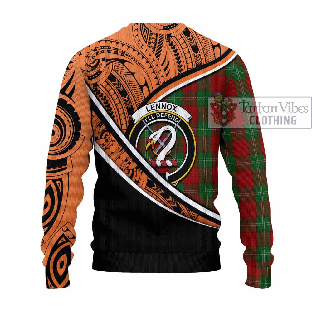 Tartan Vibes Clothing Lennox Crest Tartan Knitted Sweater with Maori Tattoo Style - Orange Version