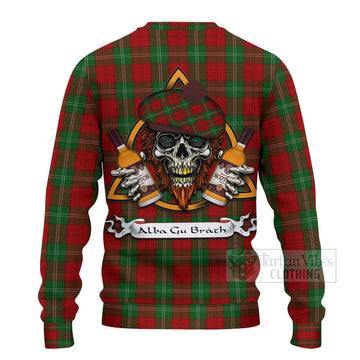 Lennox Tartan Ugly Sweater with Family Crest and Bearded Skull Holding Bottles of Whiskey