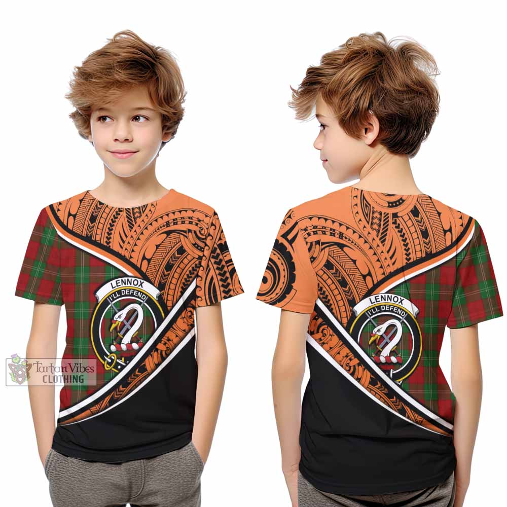 Tartan Vibes Clothing Lennox Crest Tartan Kid T-Shirt with Maori Tattoo Style - Orange Version