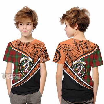 Lennox Crest Tartan Kid T-Shirt with Polynesian Vibes Style - Orange Version