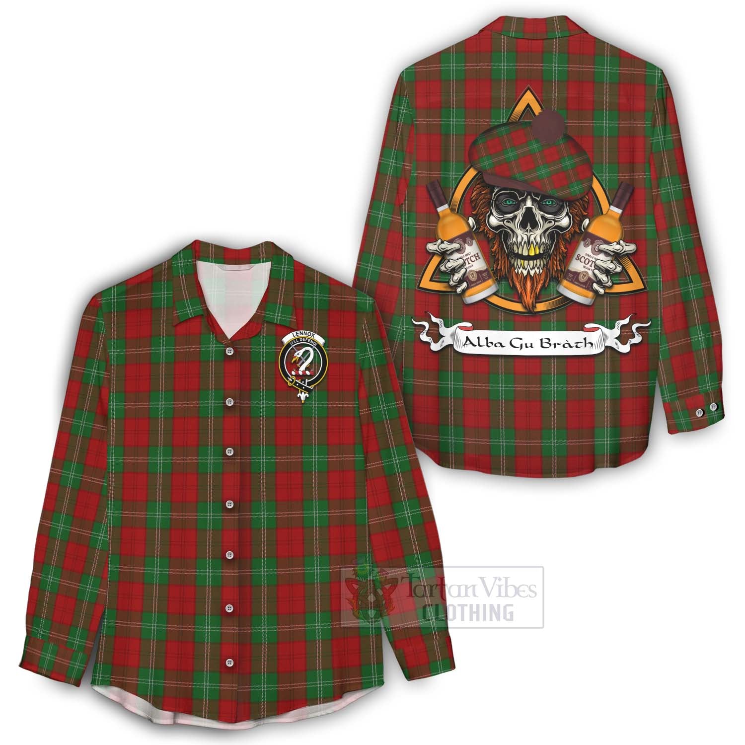 Tartan Vibes Clothing Lennox Tartan Women's Casual Shirt with Family Crest and Bearded Skull Holding Bottles of Whiskey