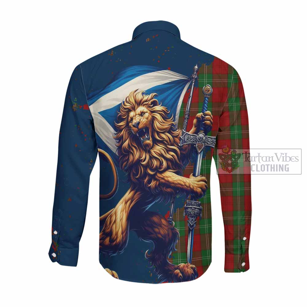 Tartan Vibes Clothing Lennox Tartan Family Crest Long Sleeve Button Shirt with Scottish Majestic Lion