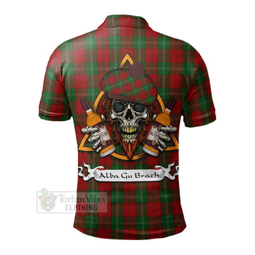 Lennox Tartan Polo Shirt with Family Crest and Bearded Skull Holding Bottles of Whiskey